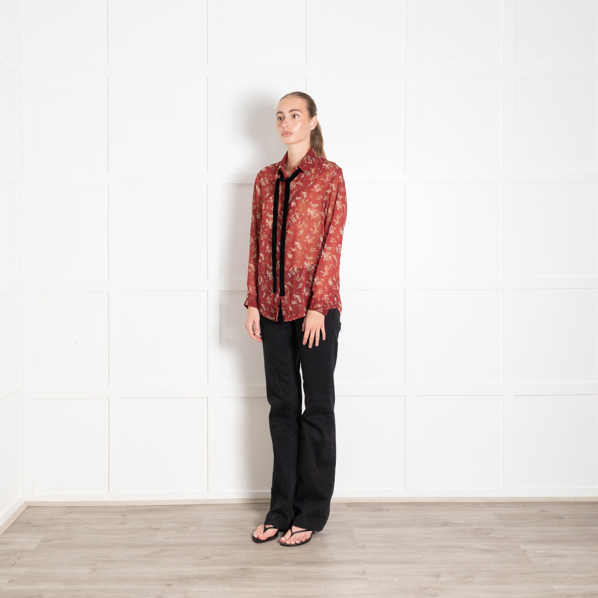 The Kooples Rust Floral Sheer Neck Tie Blouse