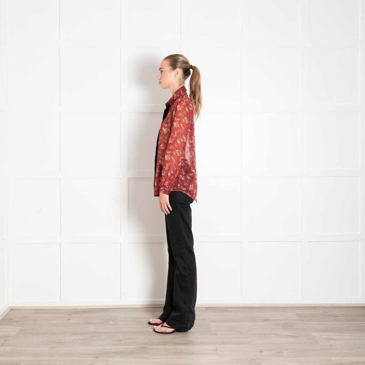 The Kooples Rust Floral Sheer Neck Tie Blouse
