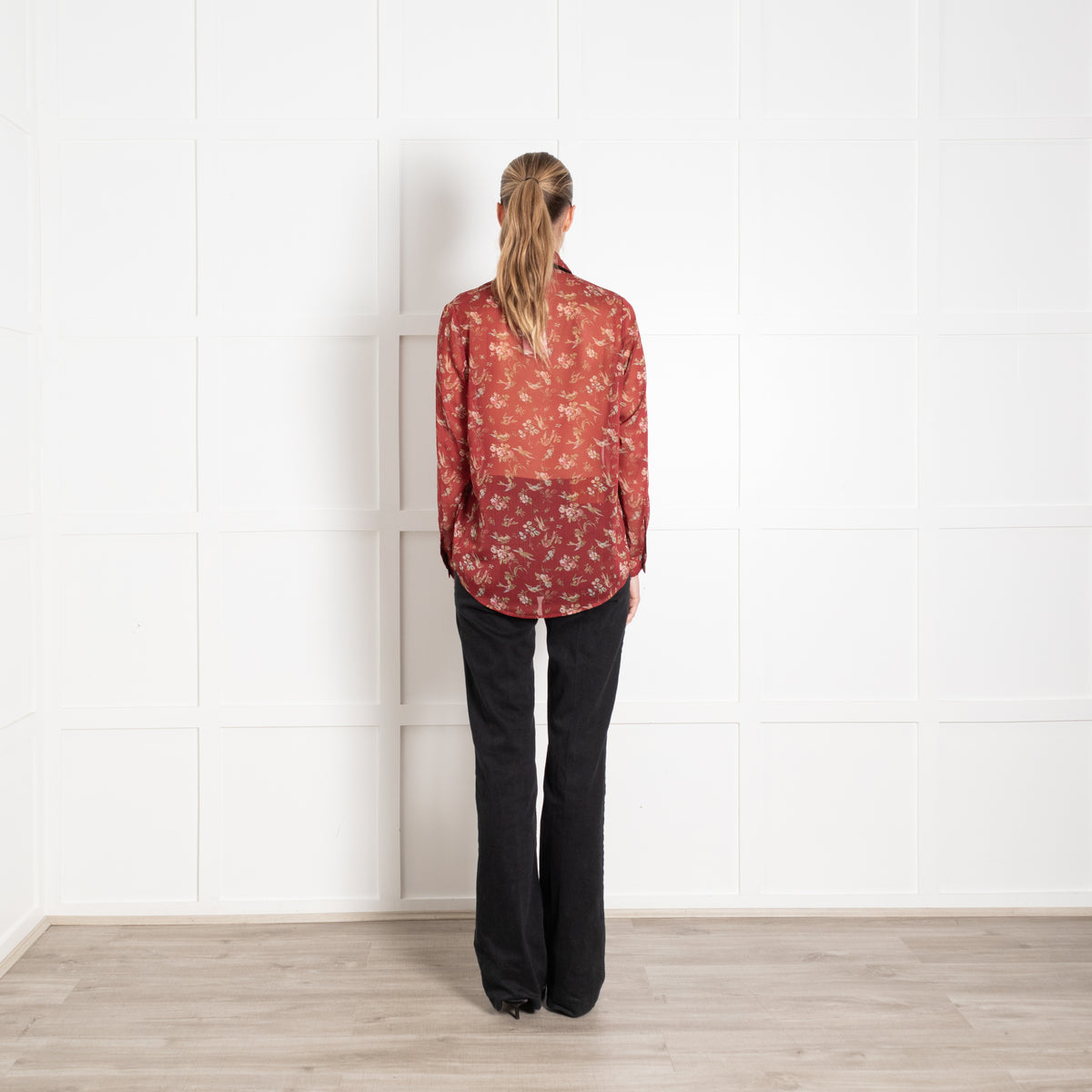 The Kooples Rust Floral Sheer Neck Tie Blouse