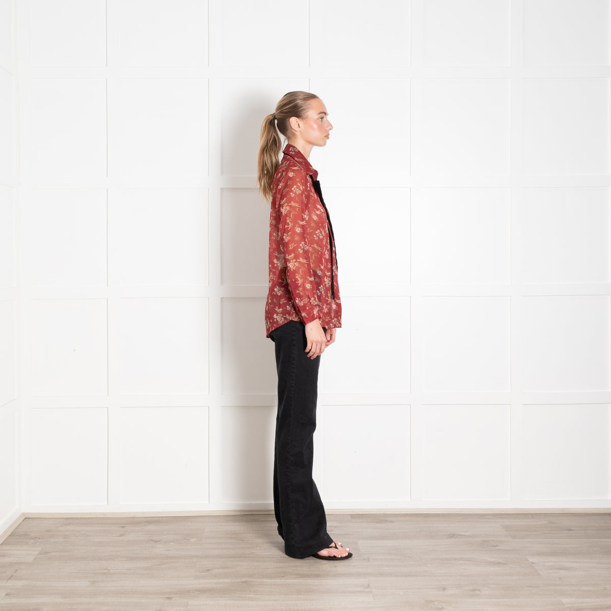The Kooples Rust Floral Sheer Neck Tie Blouse