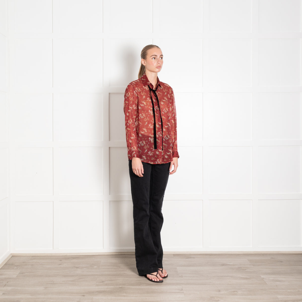 The Kooples Rust Floral Sheer Neck Tie Blouse