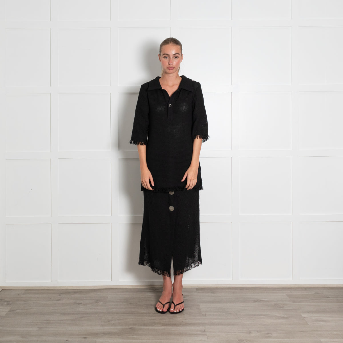 Rodebjer Black Woven Fringe Collared Top