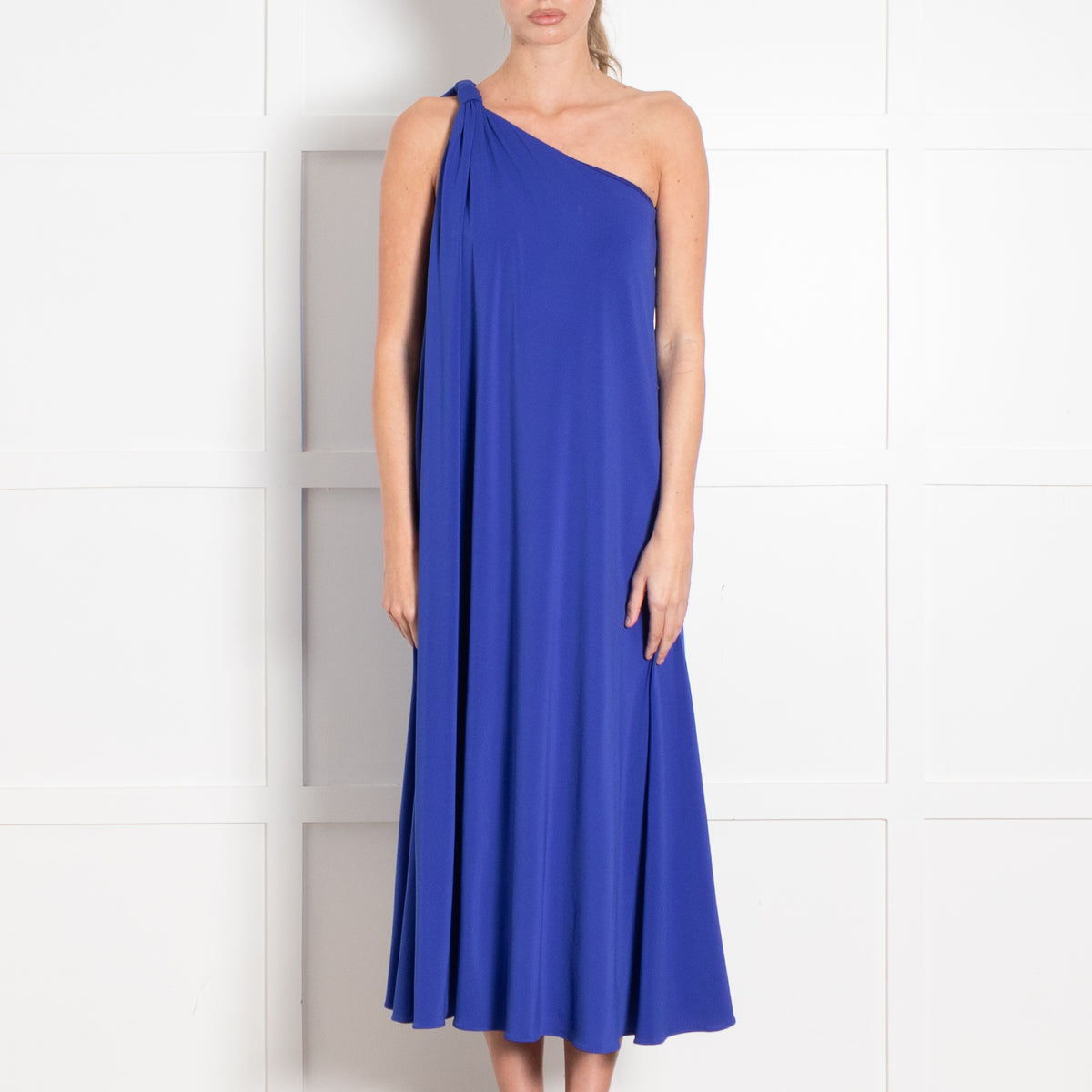 Halston Royal Blue One Shoulder Jersey Maxi Dress