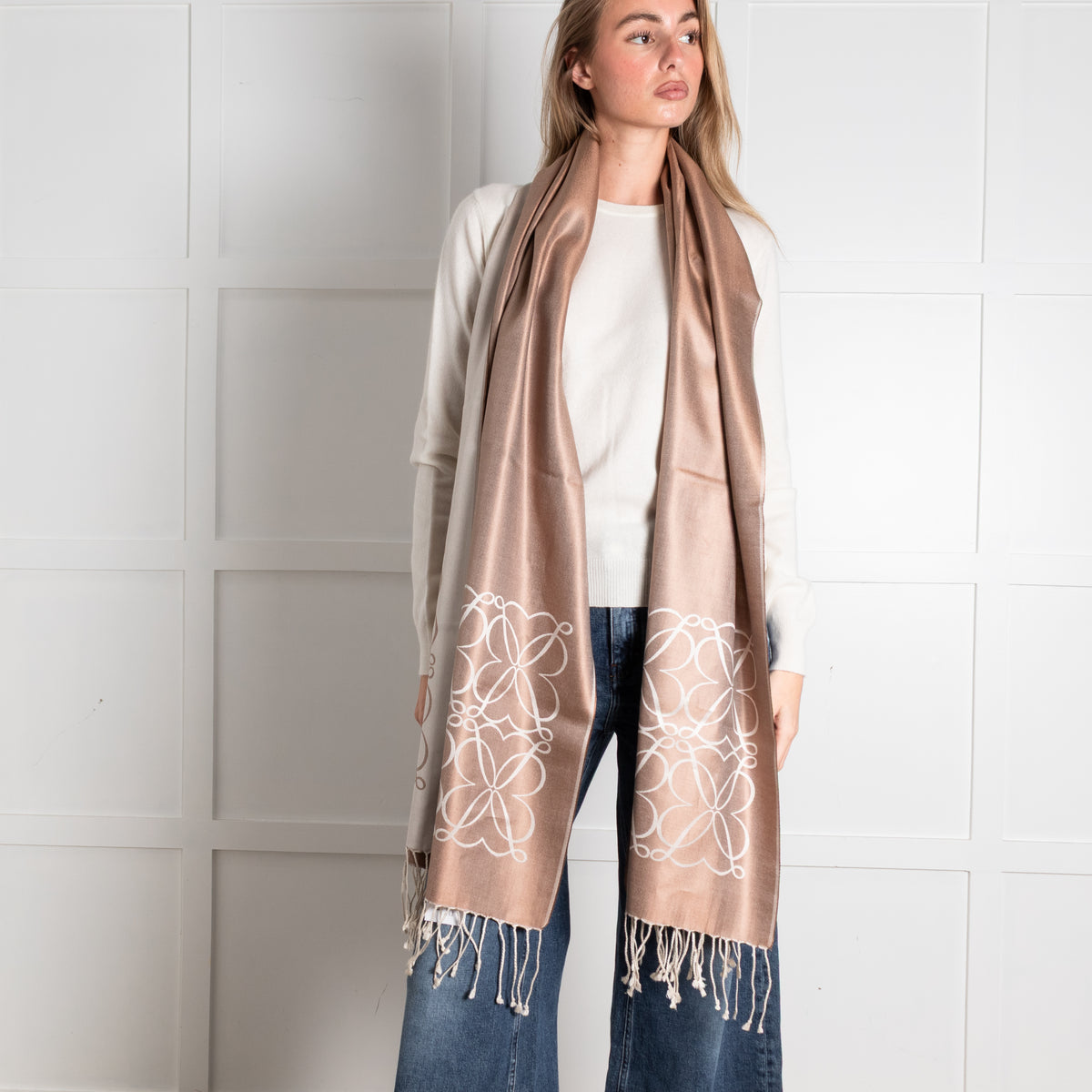 Loewe Brown Fine Silk Jacquard Logo Tassle Scarf
