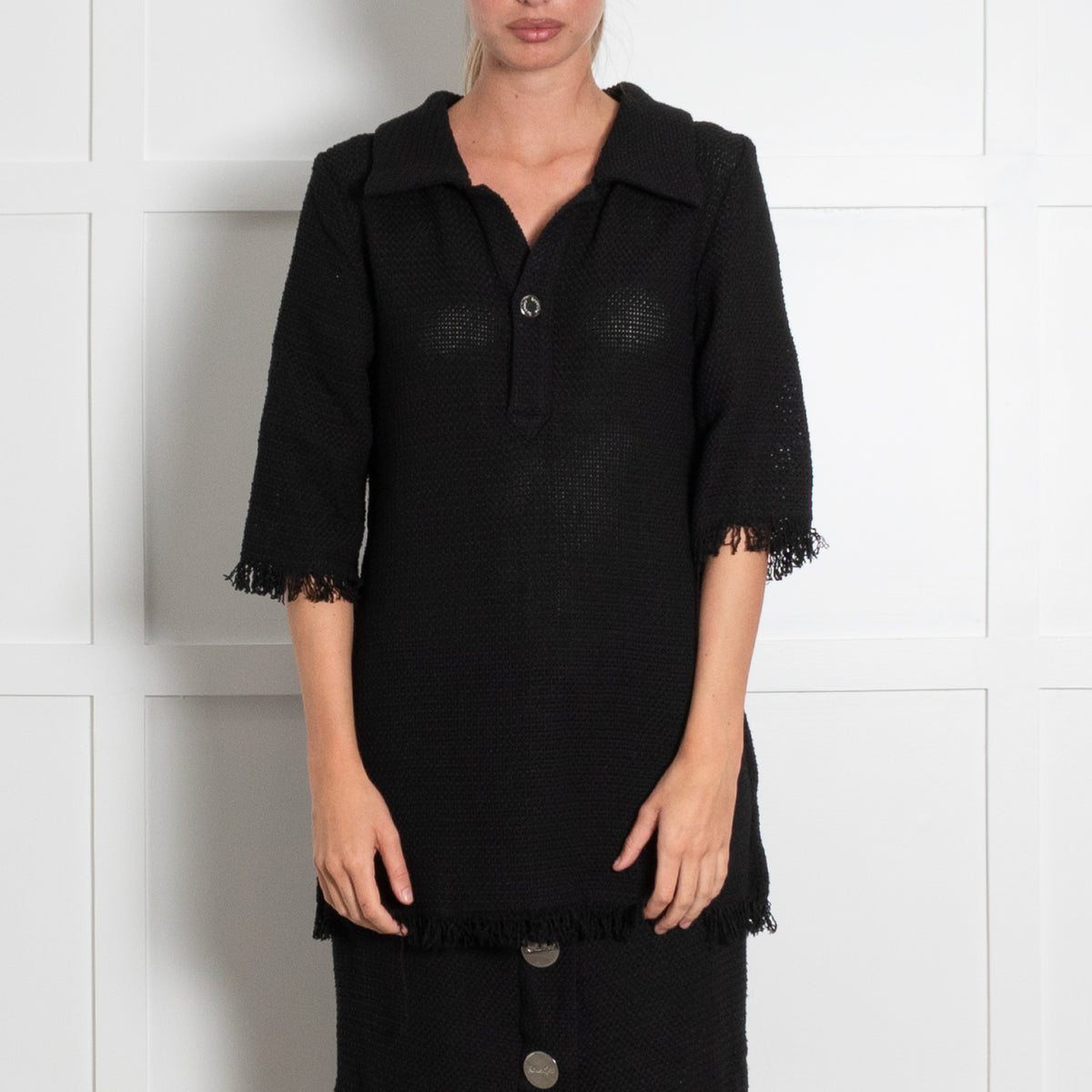 Rodebjer Black Woven Fringe Collared Top