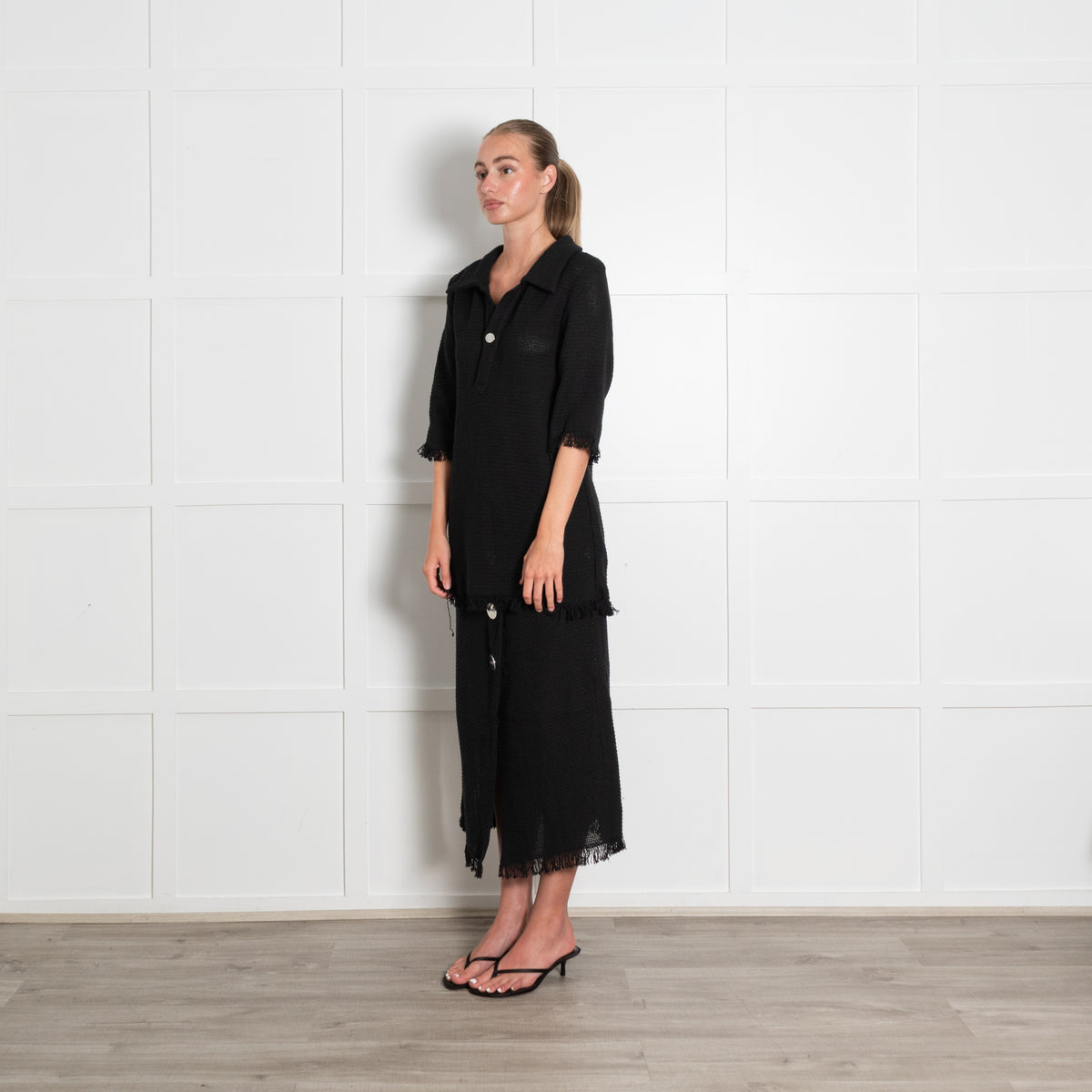 Rodebjer Black Woven Fringe Collared Top