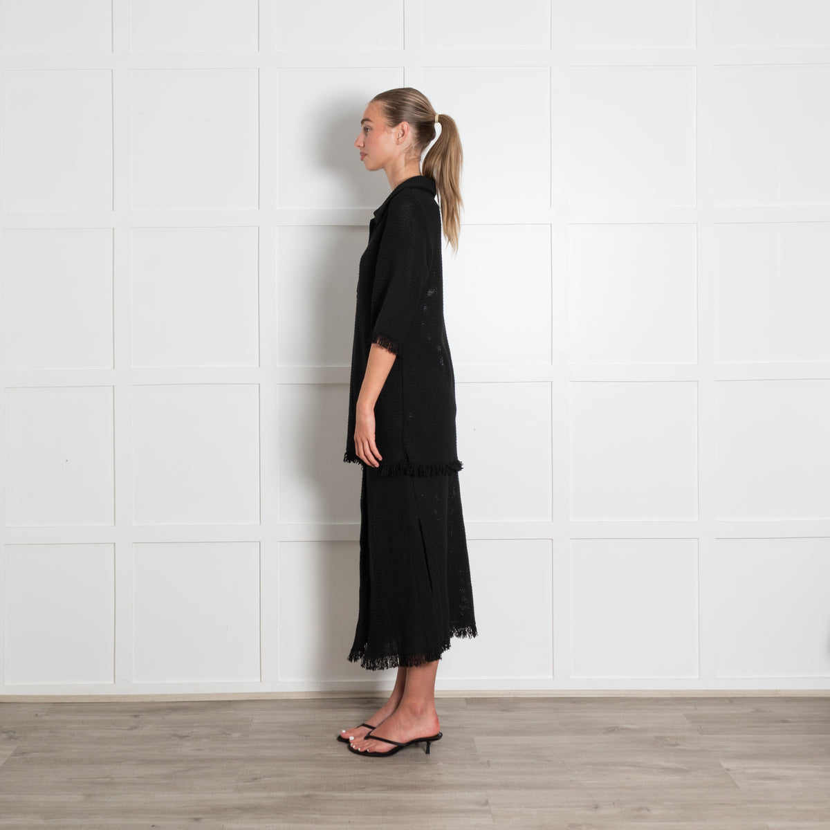 Rodebjer Black Woven Fringe Collared Top