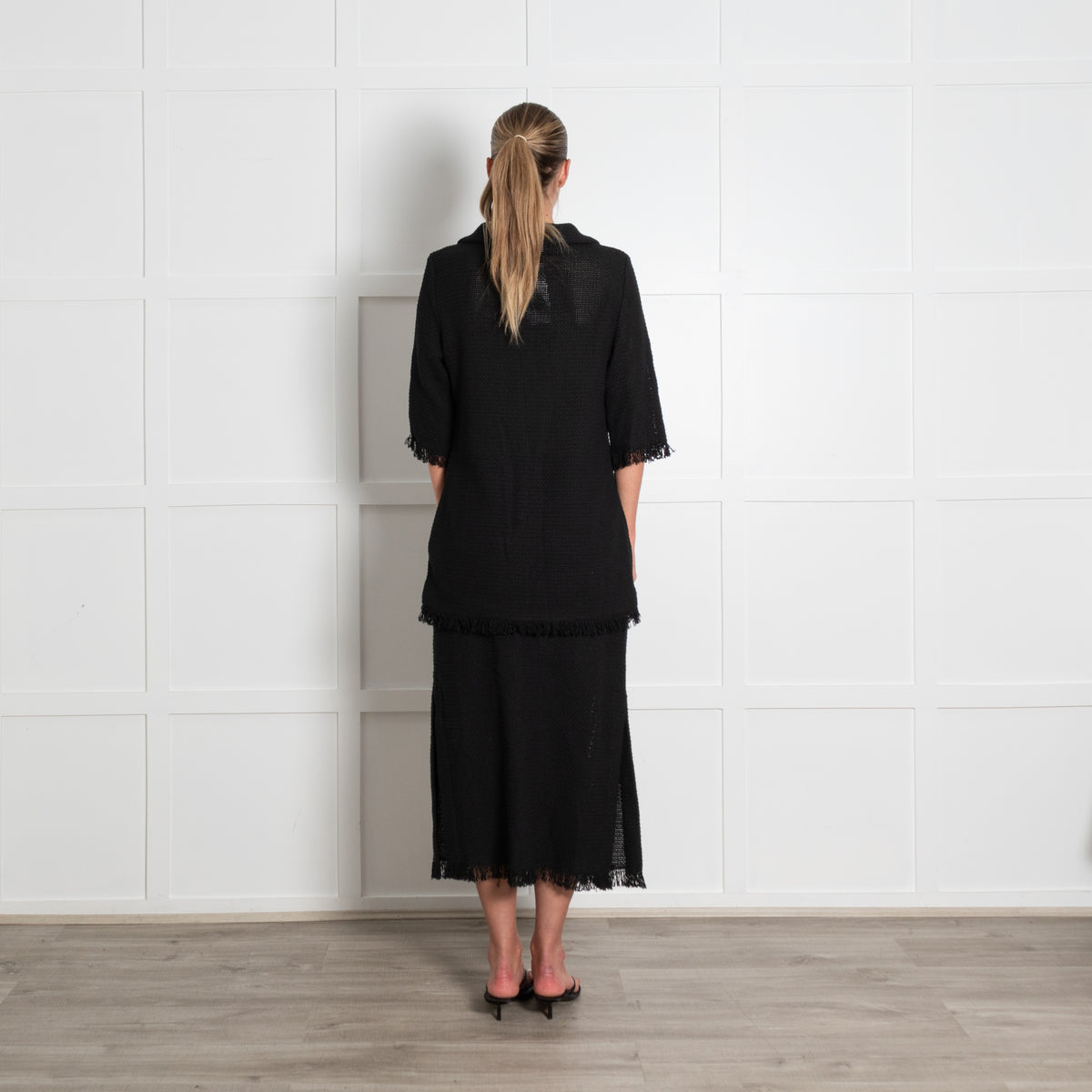 Rodebjer Black Woven Fringe Collared Top