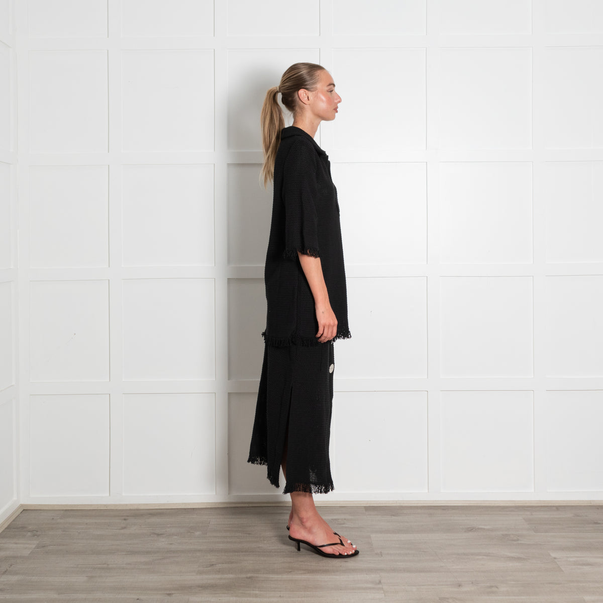 Rodebjer Black Woven Fringe Collared Top