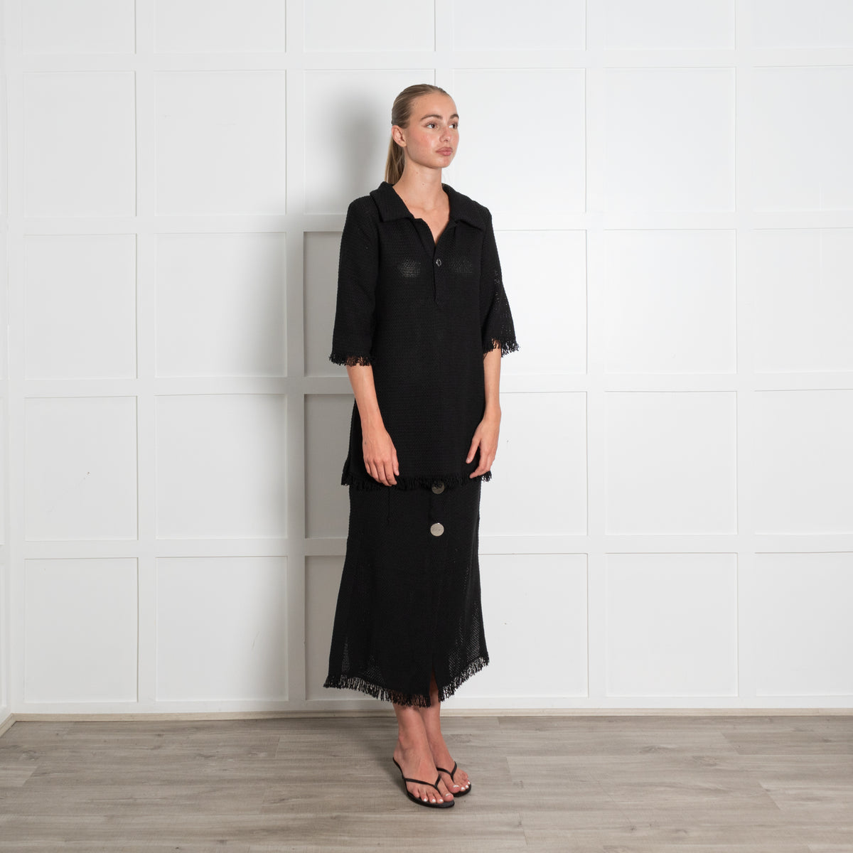 Rodebjer Black Woven Fringe Collared Top