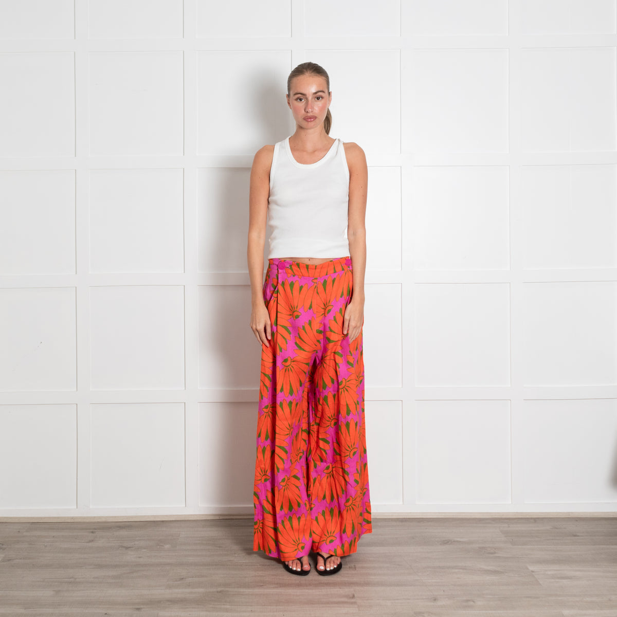 Farm Rio Copacabana Orange, Pink And Green Printed Linen Wide Leg Trousers