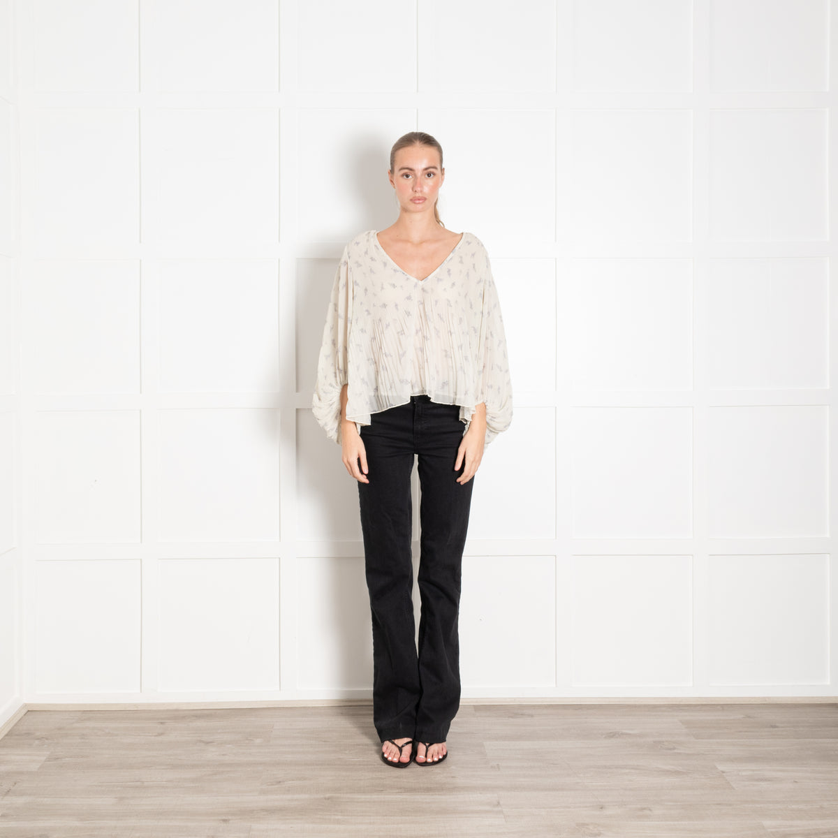 Ganni Cream Lilac Pleated Puff Sleeve Top