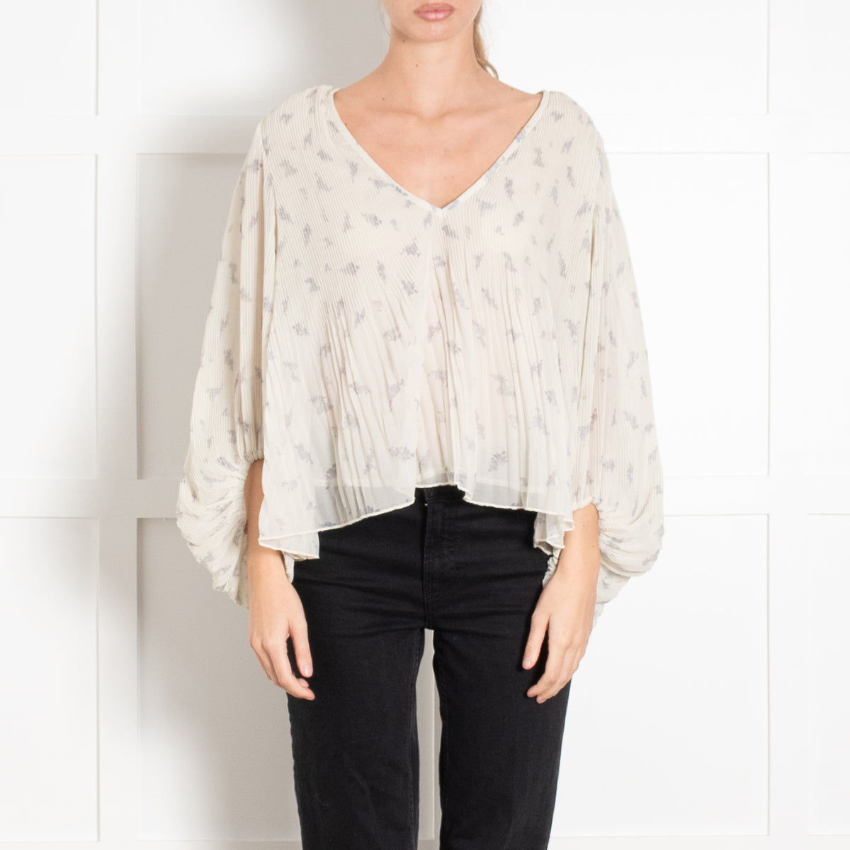 Ganni Cream Lilac Pleated Puff Sleeve Top