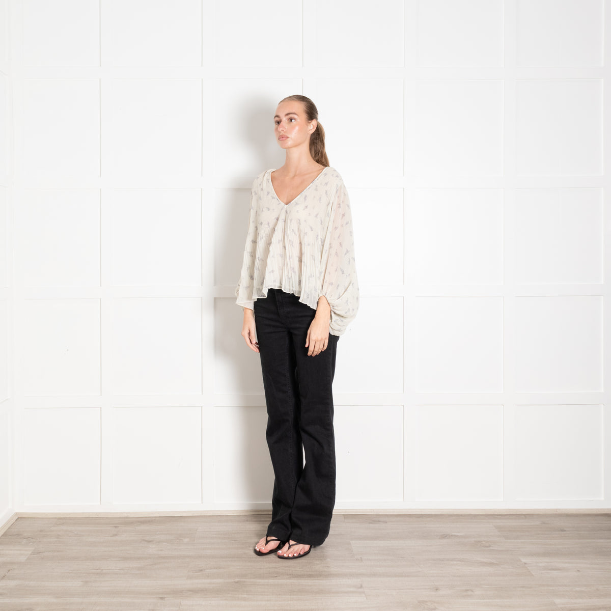 Ganni Cream Lilac Pleated Puff Sleeve Top