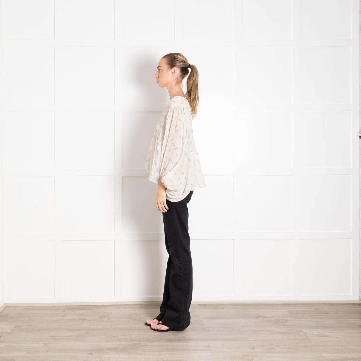 Ganni Cream Lilac Pleated Puff Sleeve Top