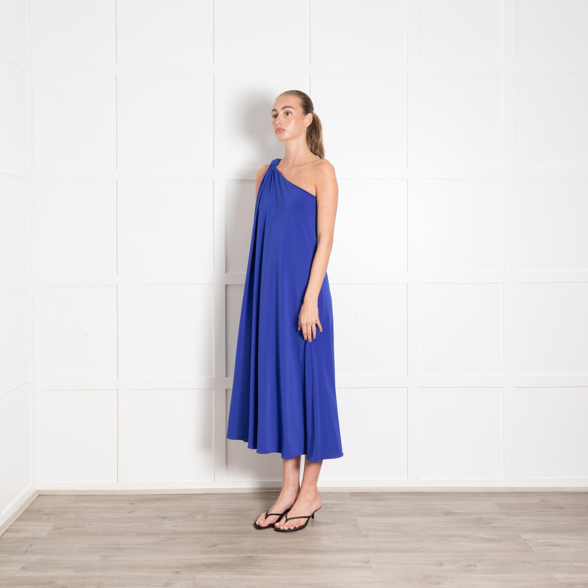 Halston Royal Blue One Shoulder Jersey Maxi Dress