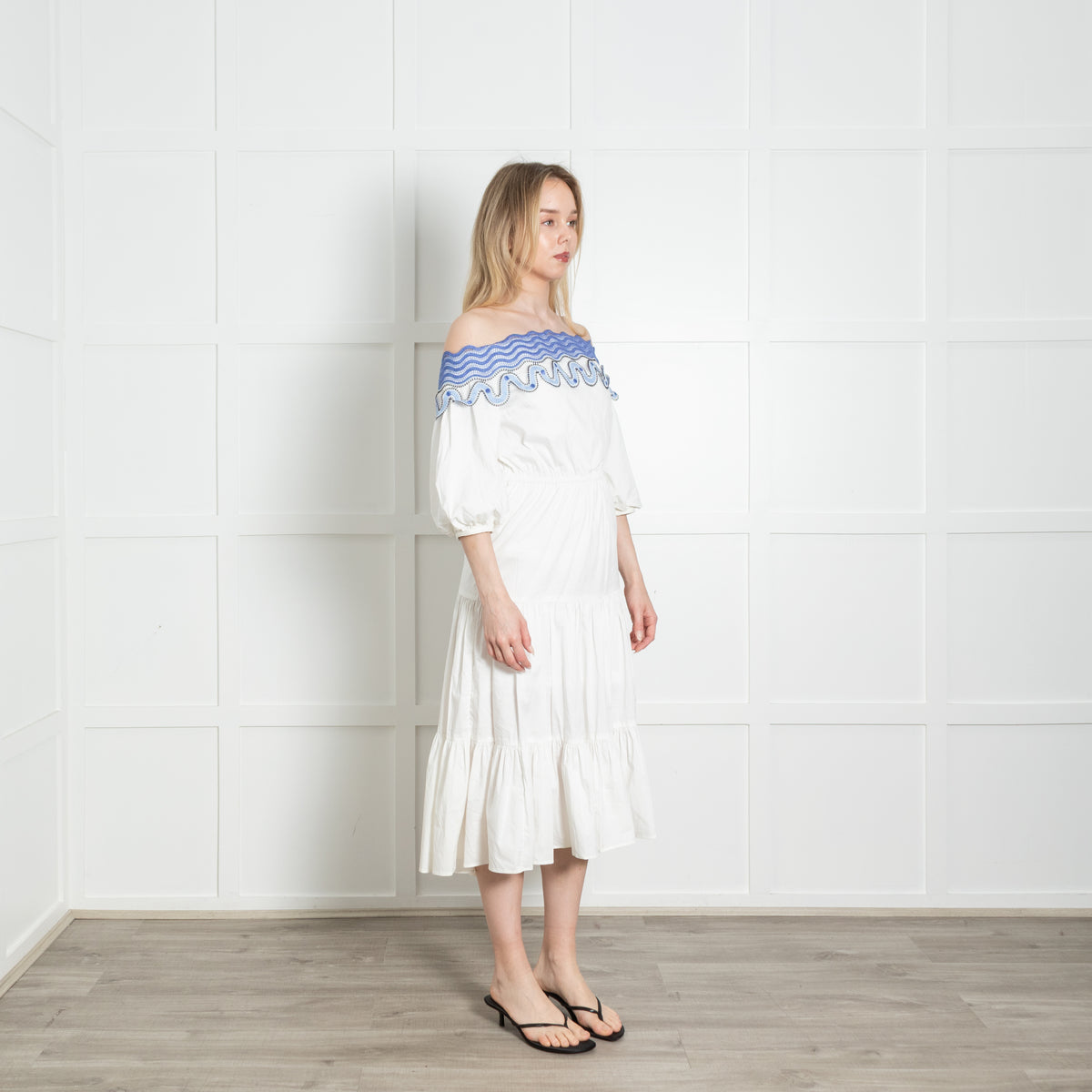 Peter Pilotto White Cotton Blue Lace Trim Tiered Midi Dress