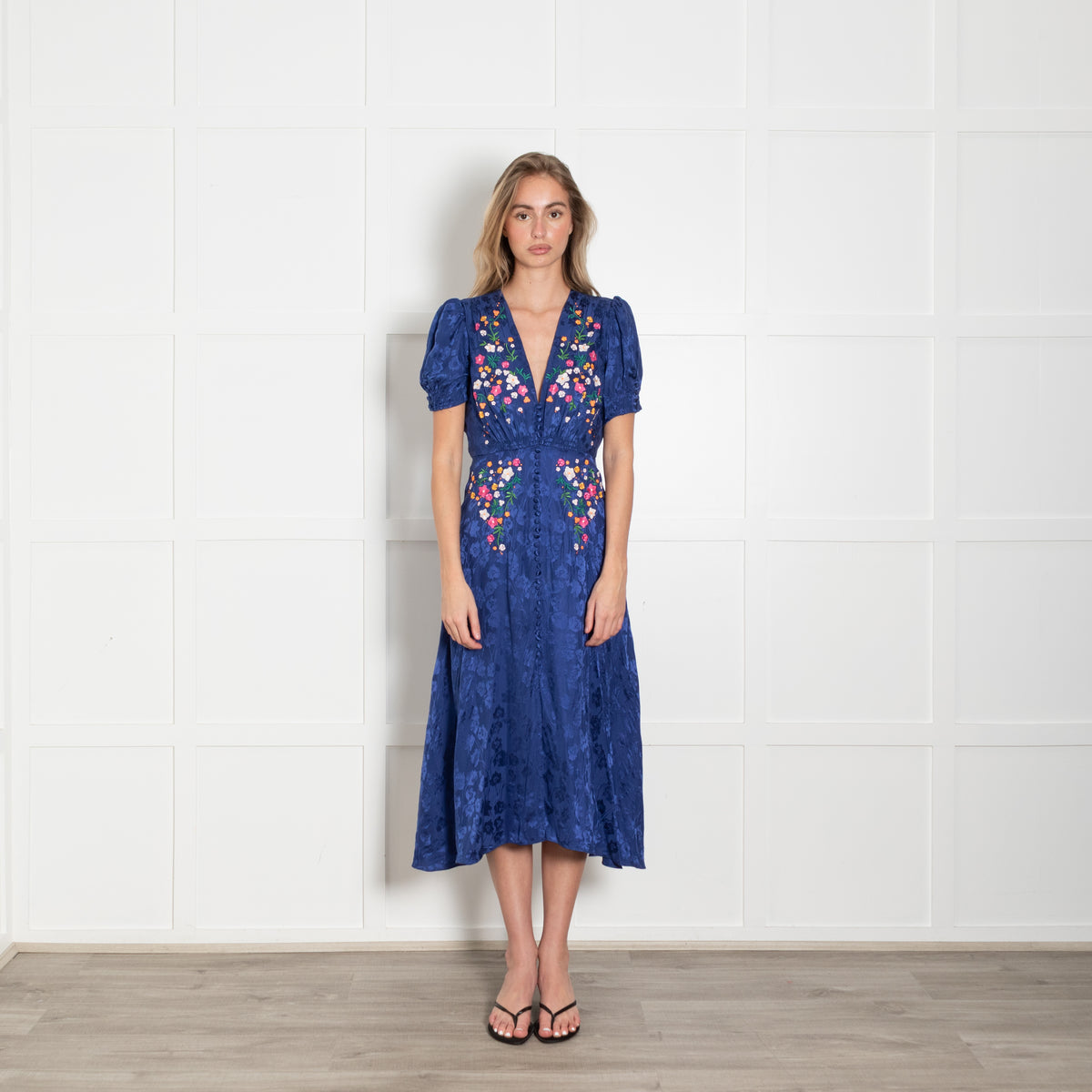 Saloni Navy Blue Silk Floral Embroidery Tea Dress