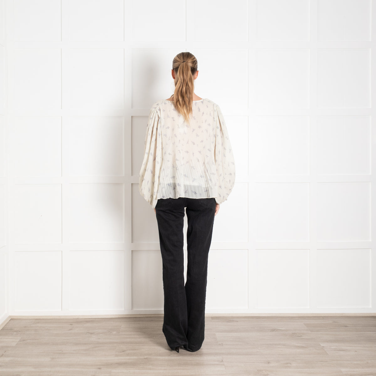 Ganni Cream Lilac Pleated Puff Sleeve Top