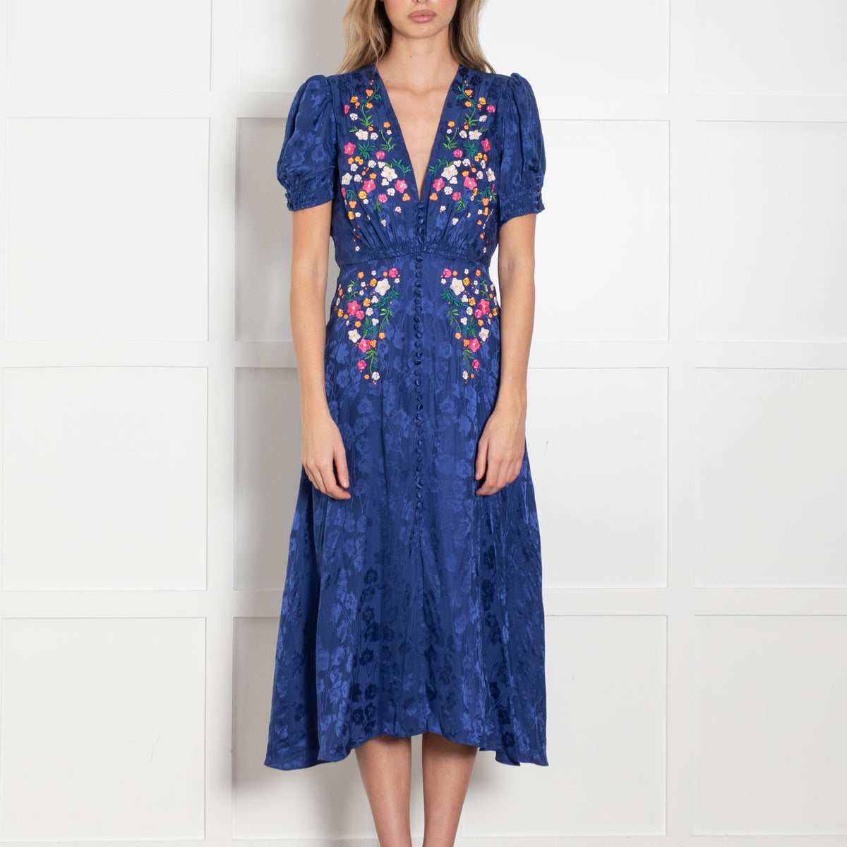 Saloni Navy Blue Silk Floral Embroidery Tea Dress