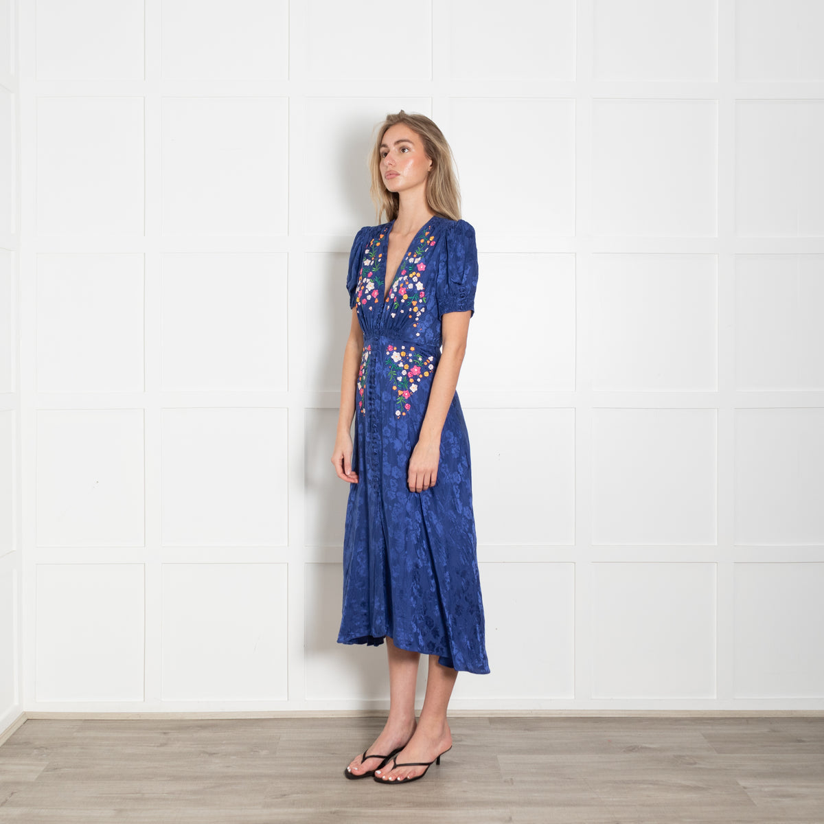 Saloni Navy Blue Silk Floral Embroidery Tea Dress