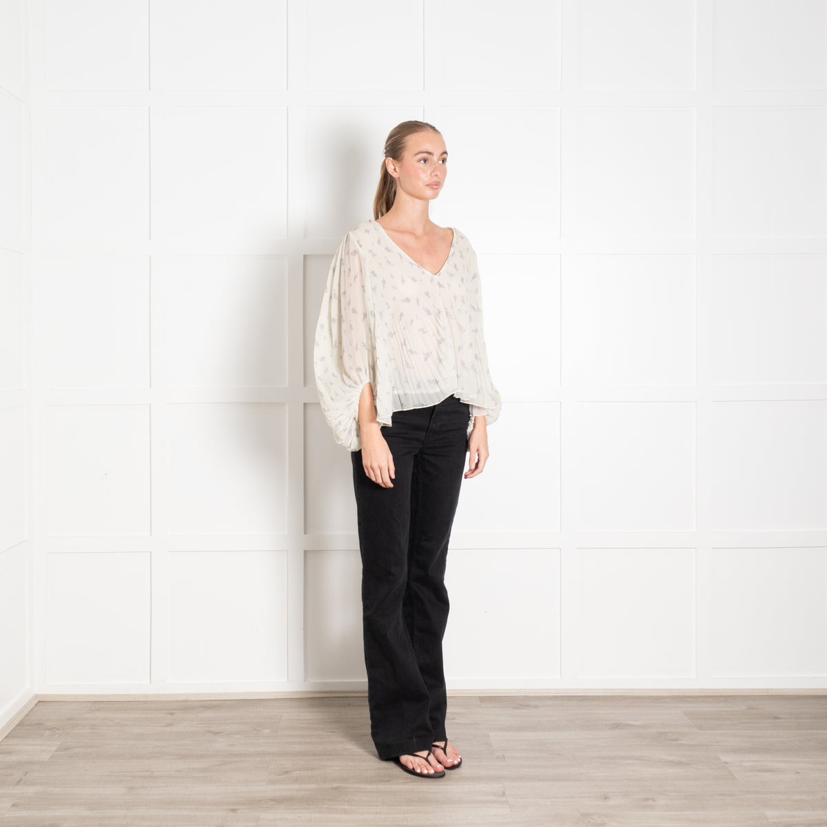 Ganni Cream Lilac Pleated Puff Sleeve Top