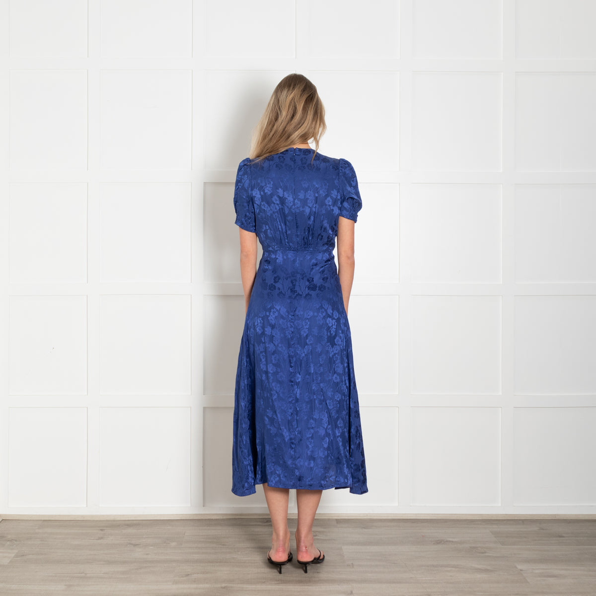 Saloni Navy Blue Silk Floral Embroidery Tea Dress