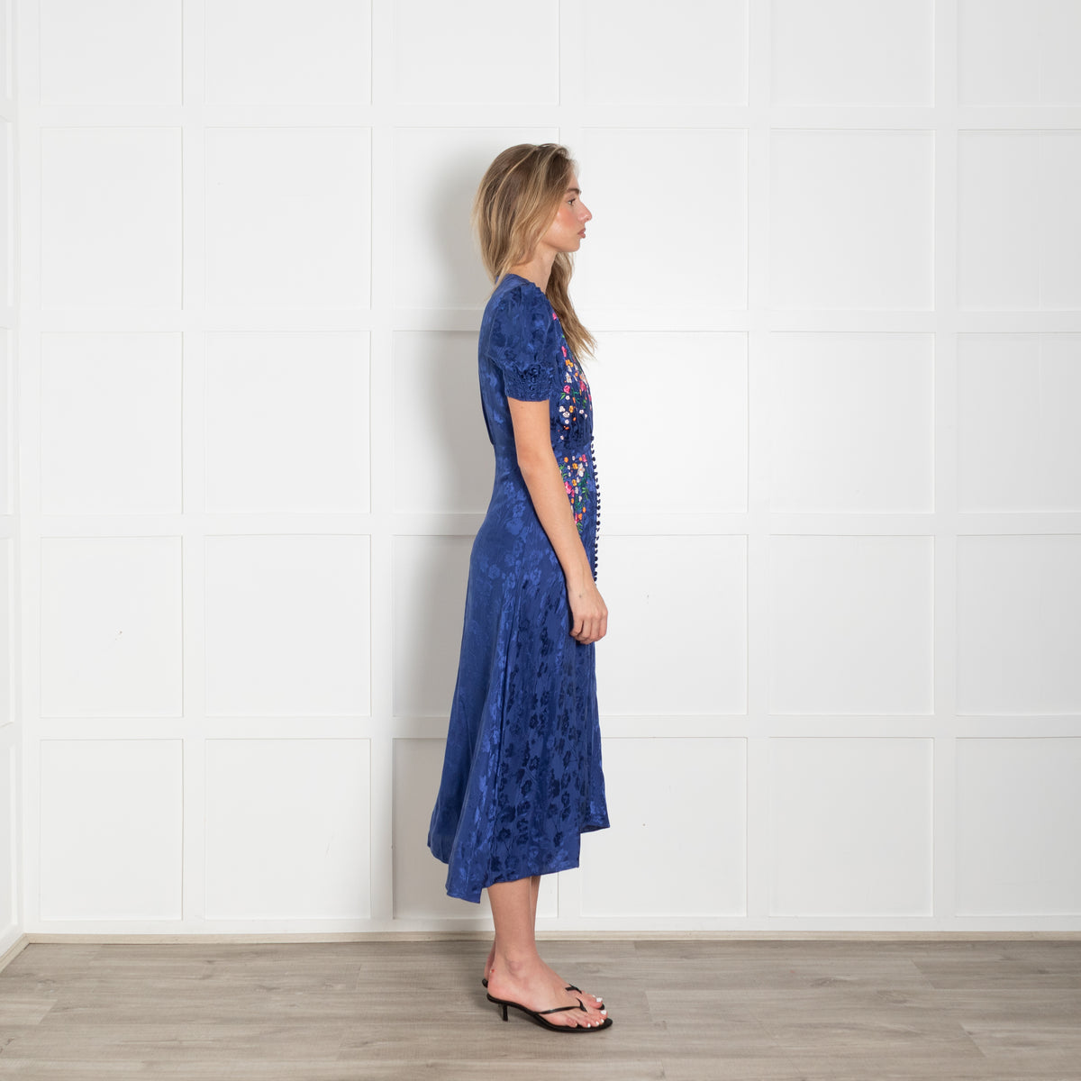 Saloni Navy Blue Silk Floral Embroidery Tea Dress