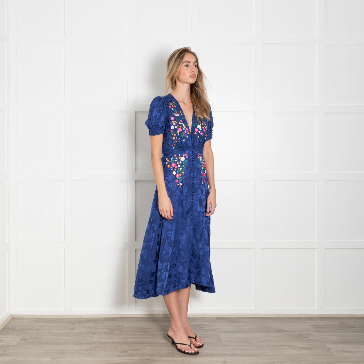 Saloni Navy Blue Silk Floral Embroidery Tea Dress