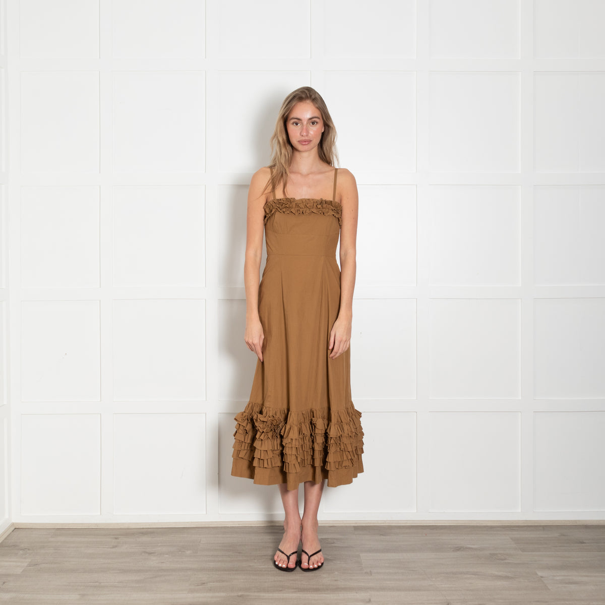 Molly Goddard Tobacco Cotton Dress with Ruching Detail