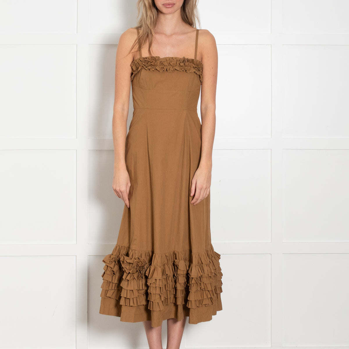 Molly Goddard Tobacco Cotton Dress with Ruching Detail