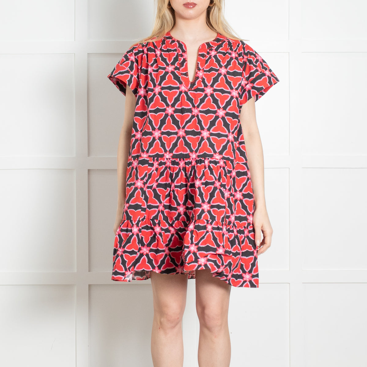 Saloni Black Red Floral Cotton Sleeveless Peplum Mini Dress