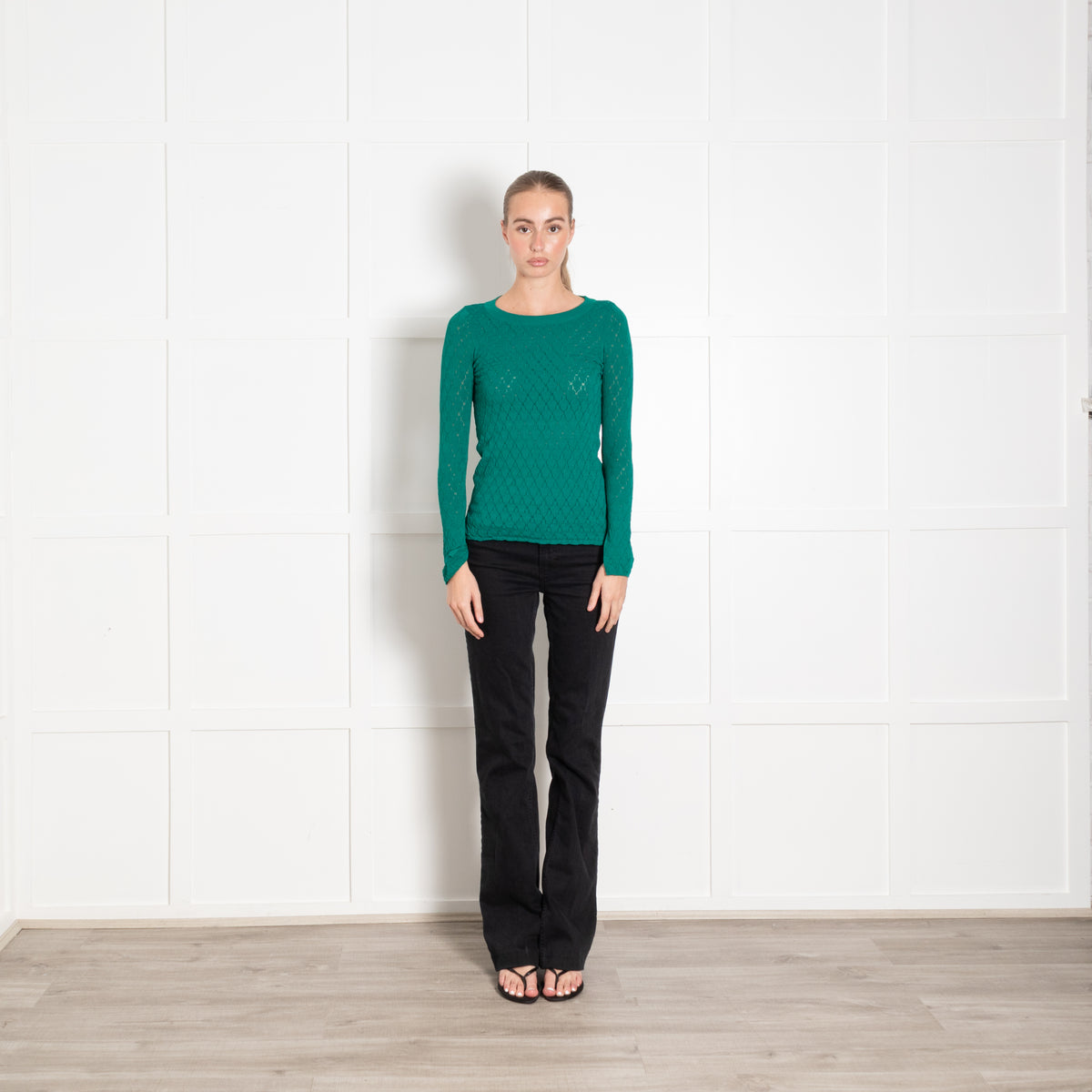 Sandro Green Pointelle Knitted Round Neck Jumper