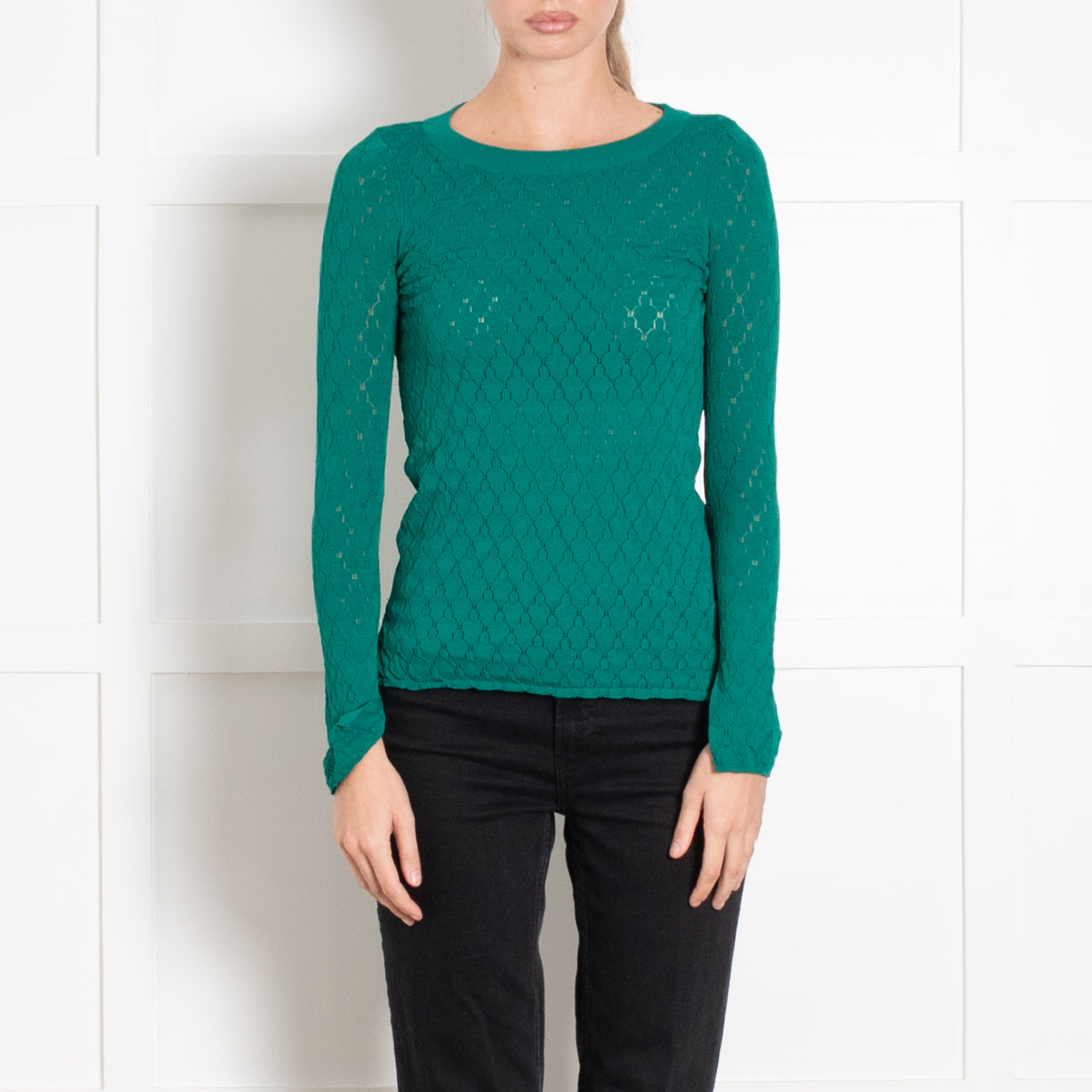 Sandro Green Pointelle Knitted Round Neck Jumper