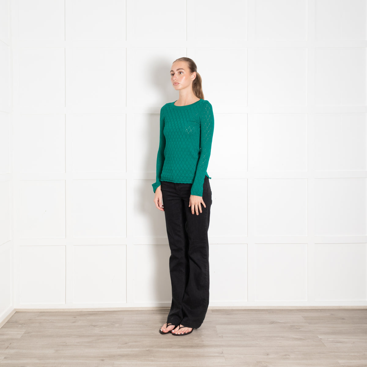 Sandro Green Pointelle Knitted Round Neck Jumper