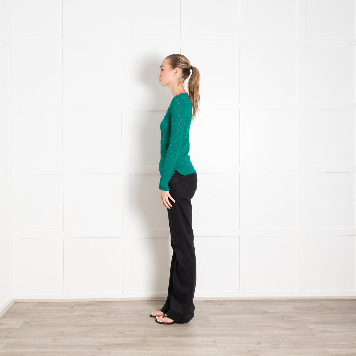 Sandro Green Pointelle Knitted Round Neck Jumper