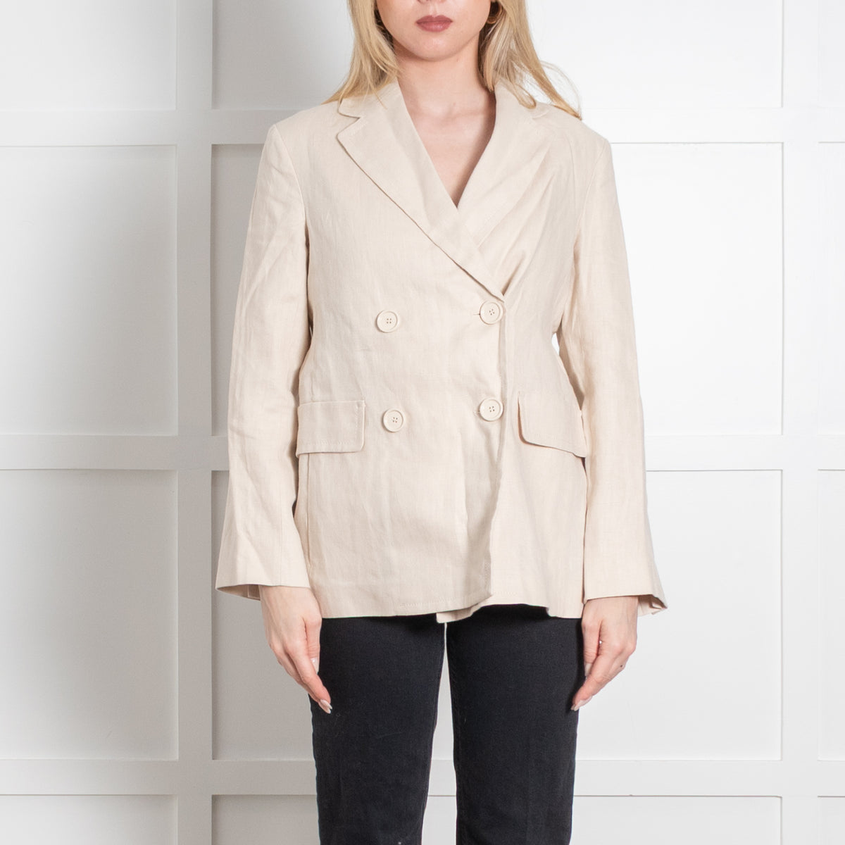 S Max Mara Beige Linen Double Breasted Blazer Jacket