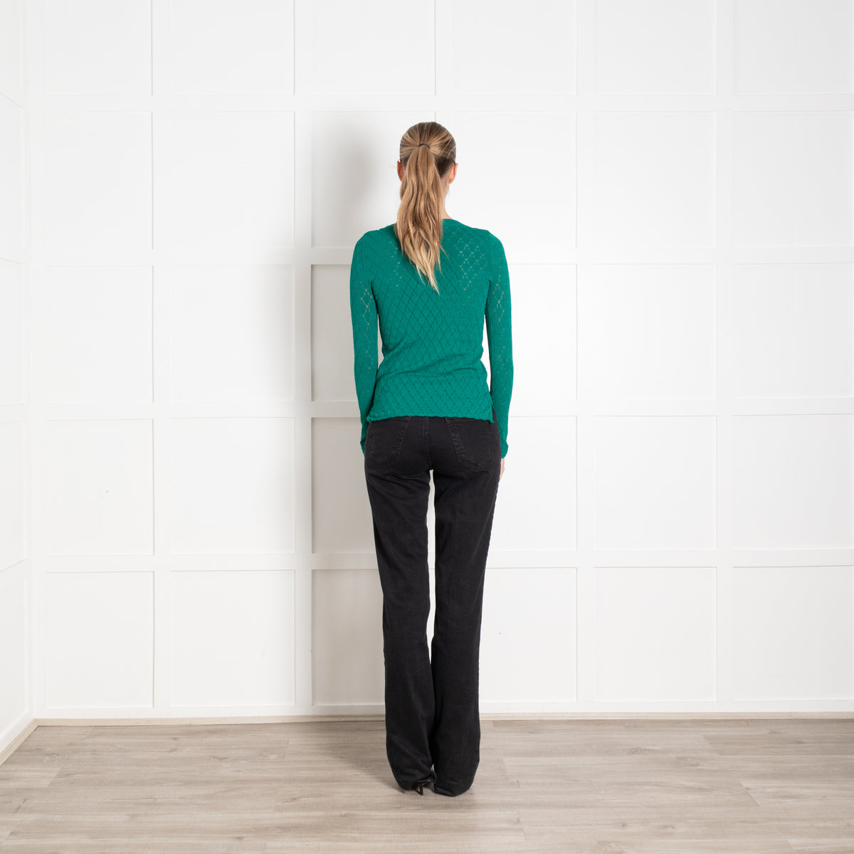 Sandro Green Pointelle Knitted Round Neck Jumper