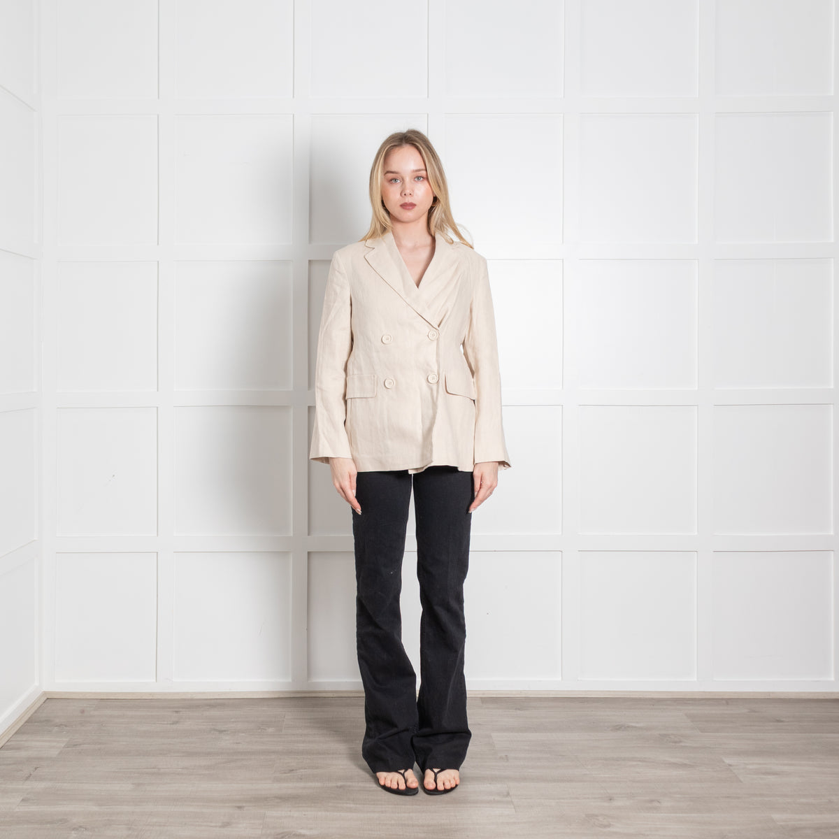 S Max Mara Beige Linen Double Breasted Blazer Jacket