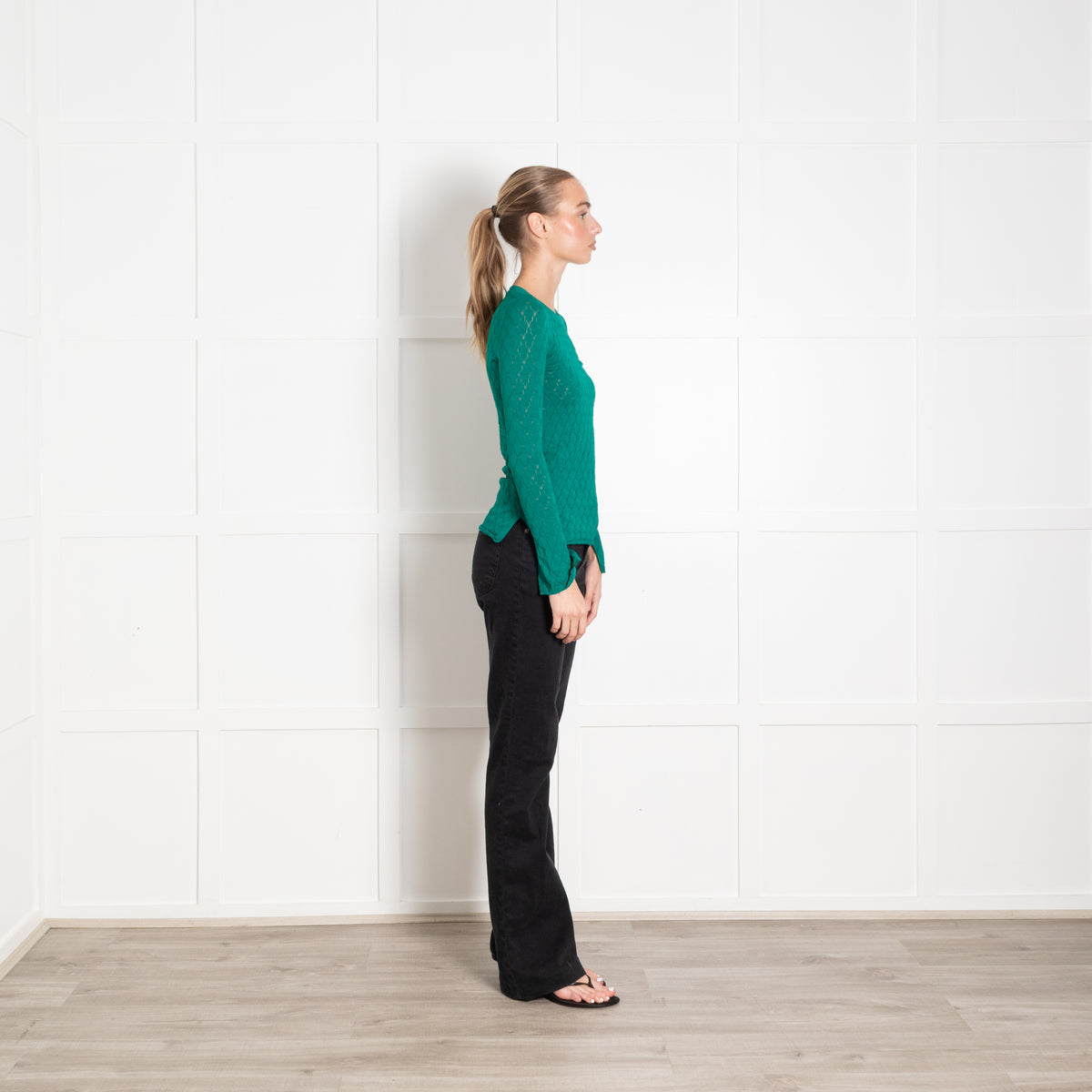 Sandro Green Pointelle Knitted Round Neck Jumper