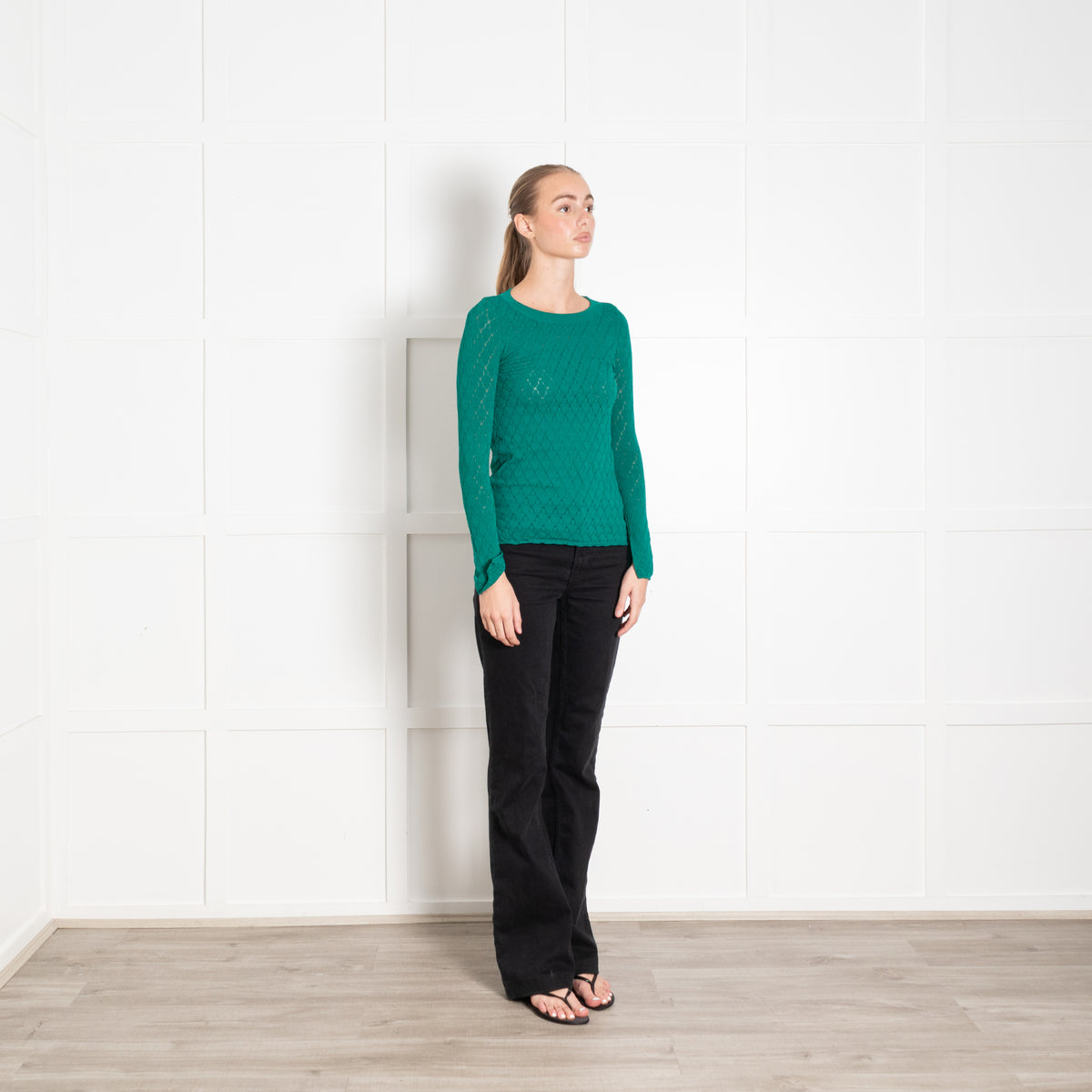 Sandro Green Pointelle Knitted Round Neck Jumper
