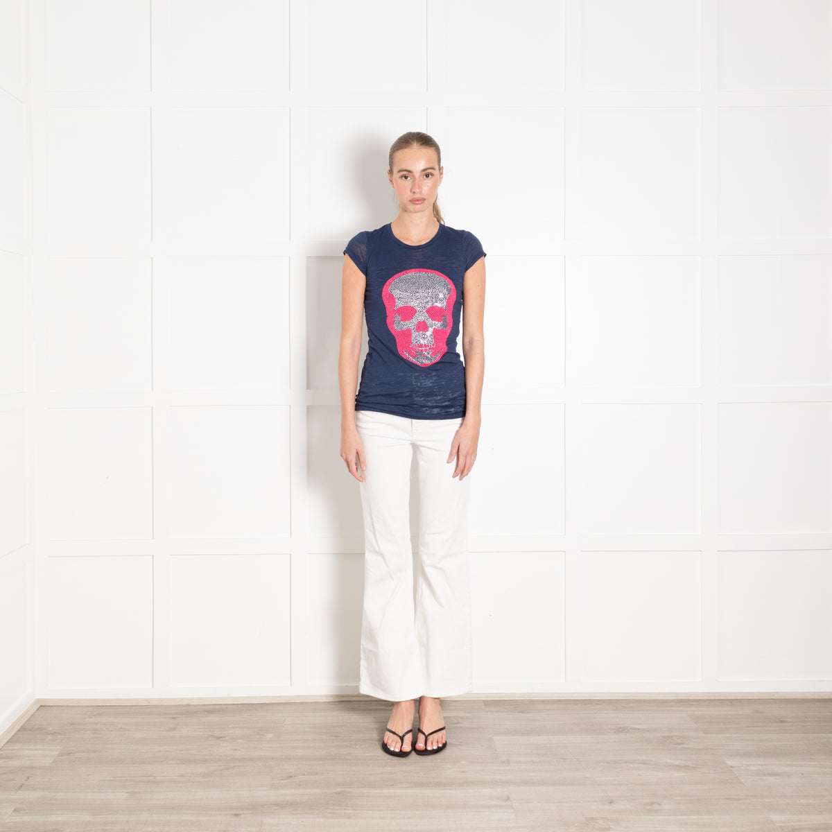 e.vil Navy Neon Pink and Silver Skull T-shirt