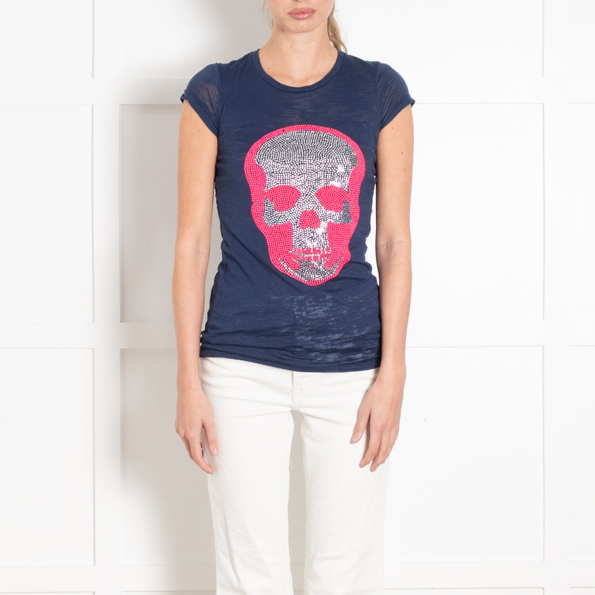 e.vil Navy Neon Pink and Silver Skull T-shirt