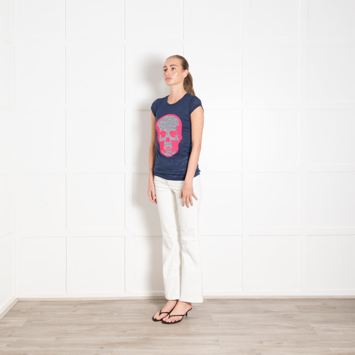 e.vil Navy Neon Pink and Silver Skull T-shirt