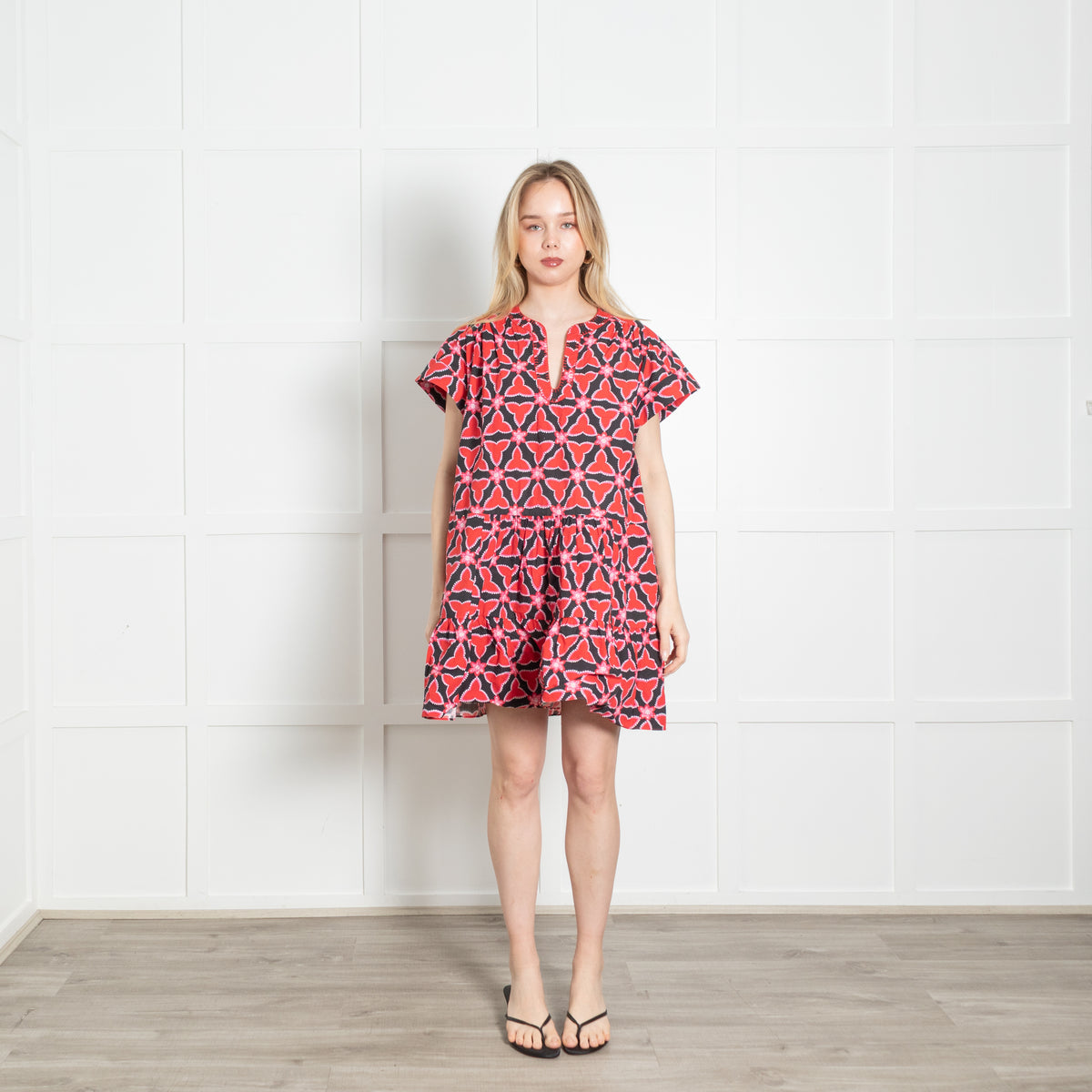 Saloni Black Red Floral Cotton Sleeveless Peplum Mini Dress