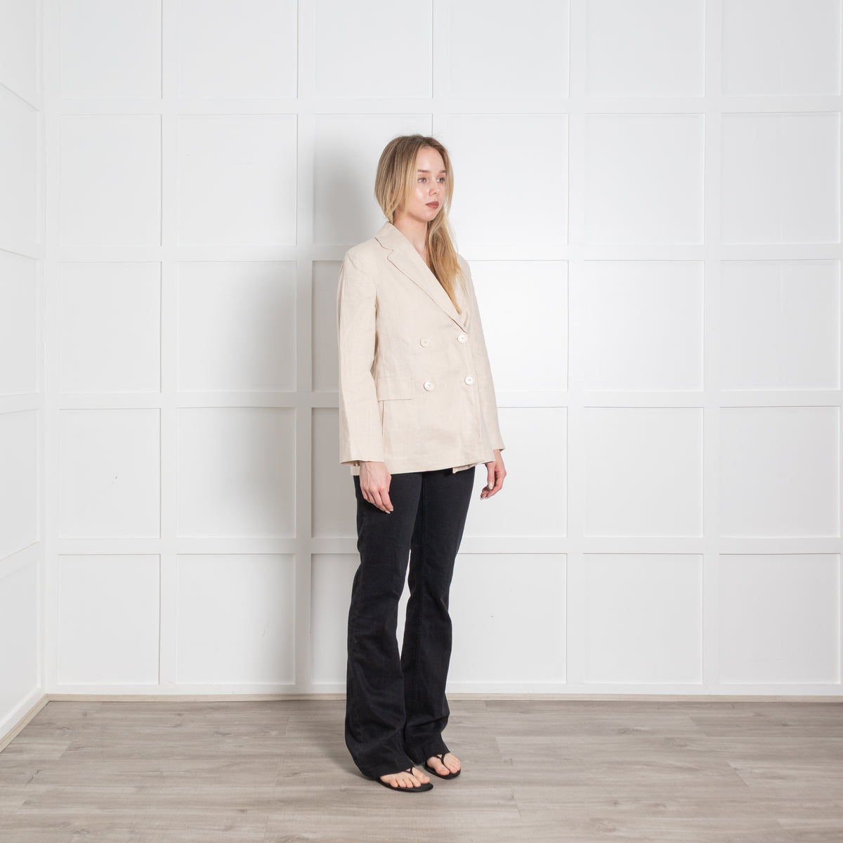 S Max Mara Beige Linen Double Breasted Blazer Jacket