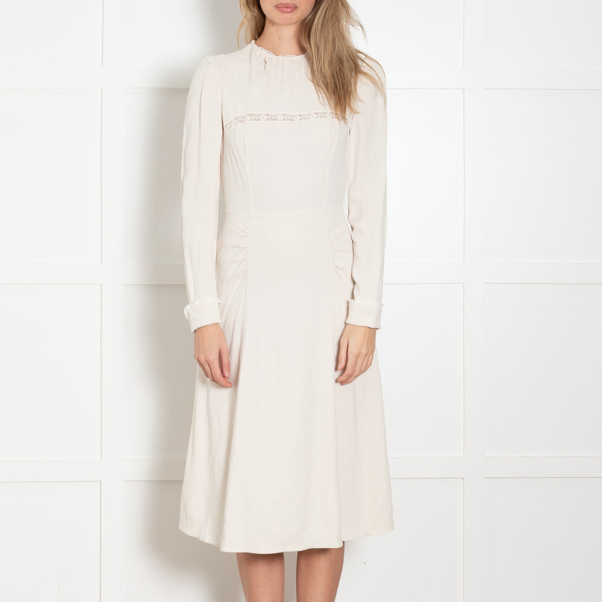 Prada Off-White Lace Insert Long Sleeve Midi Dress