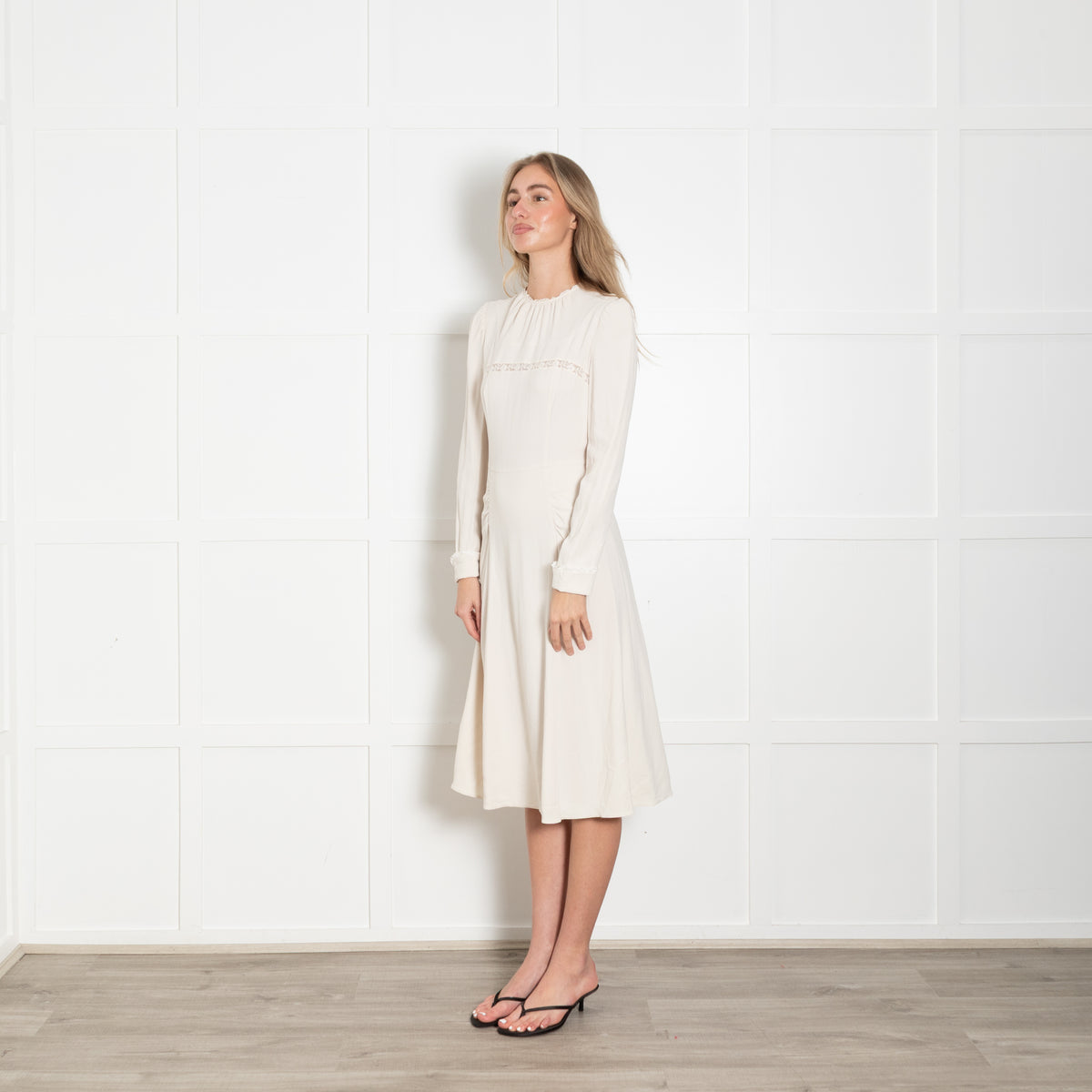 Prada Off-White Lace Insert Long Sleeve Midi Dress