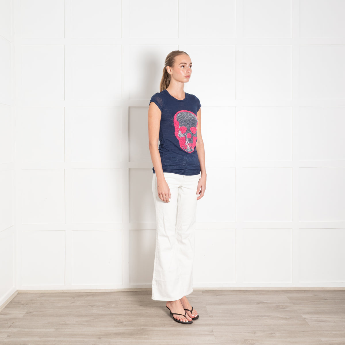 e.vil Navy Neon Pink and Silver Skull T-shirt