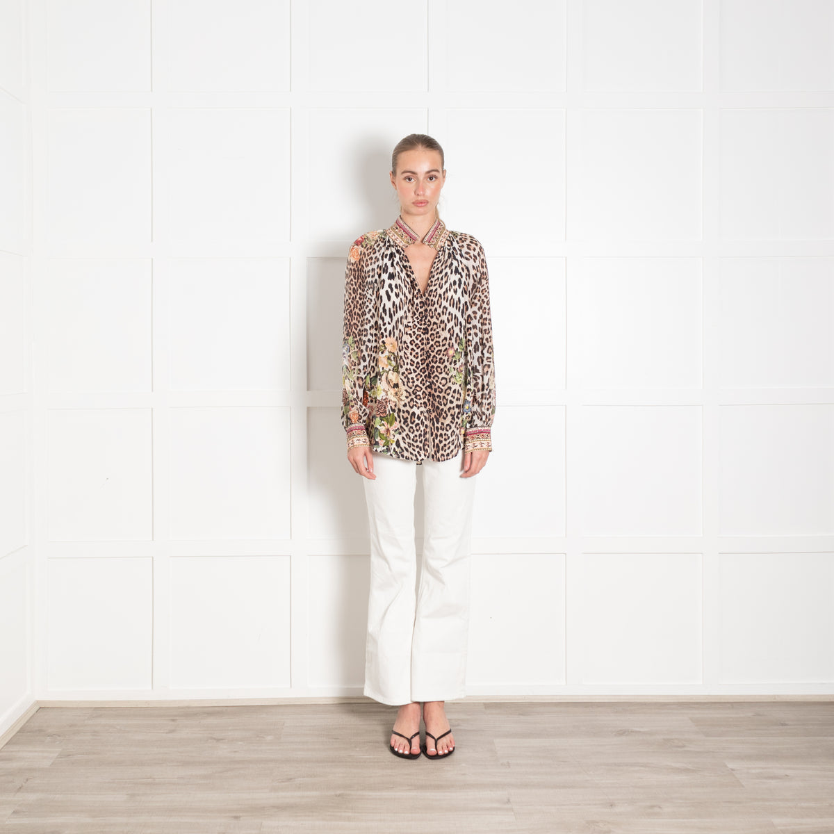Camilla Brown Leopard Print Pink Peach Silk Floral Print Beaded Trim Blouse